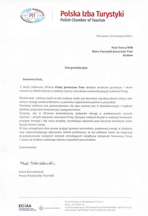 Miniatura dokumentu: Polska Izba Turystyki List Gratulacyjny — 2025